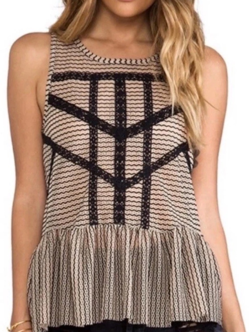 Free People Boho Lace Panel Stripe Peplum Tank Top Black Beige Size S